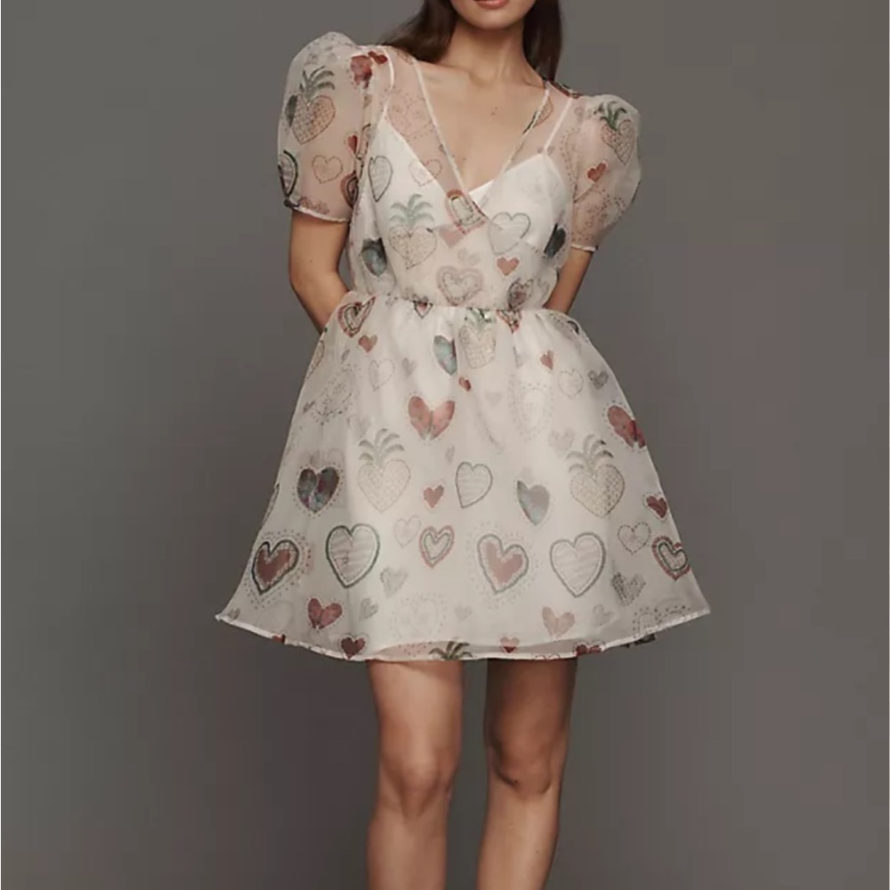 NWT Farm Rio Anthropologie Heart Print Semi-Sheer Puff-Sleeve Mini Dress Medium